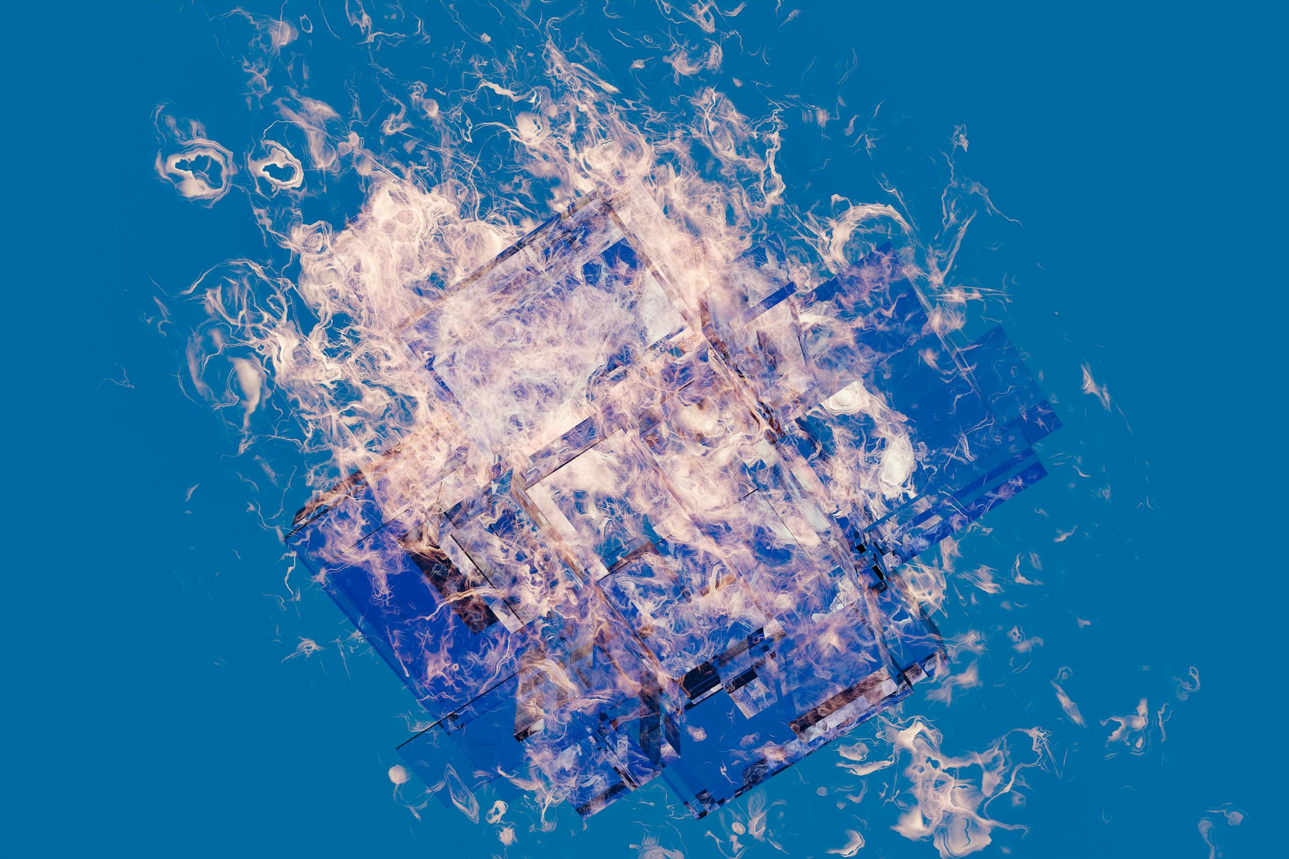 A vibrant abstract art piece featuring a fiery geometric design against a blue background.